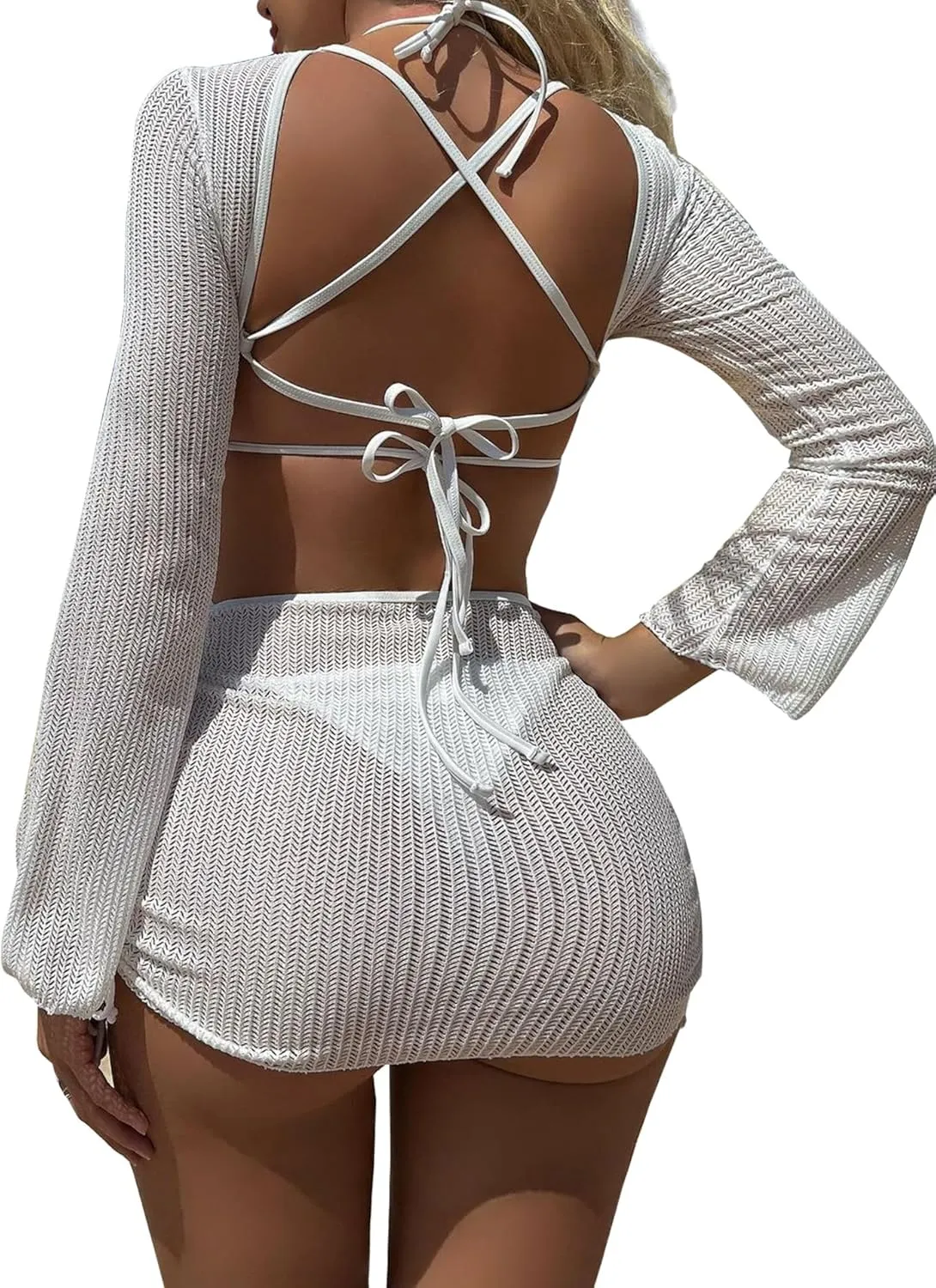 Lilosy Sexy Long Sleeve Cutout Swimwear Cover Ups Top Bottom 3 Piece Set