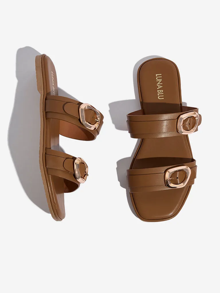 LUNA BLU Tan Dual-Strap Slip-On Sandals