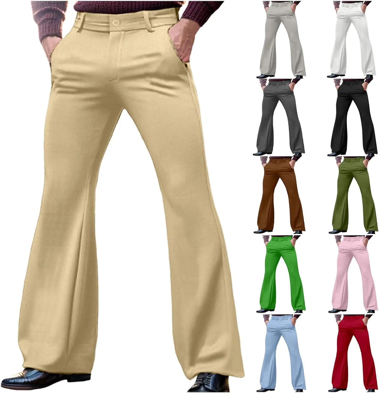 Mens Bell Bottom Pants Hidden Expandable Waist Dress Pants Slim Fit Retro Flared Trousers for Work Business Disco