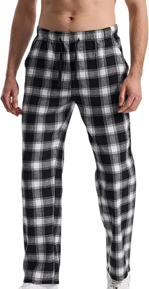 Mens Casual Plaid Trousers Drawstring Waist Straight-Leg Pants Stylish Comfy Open Bottom Trouser Athletic Basic Pants