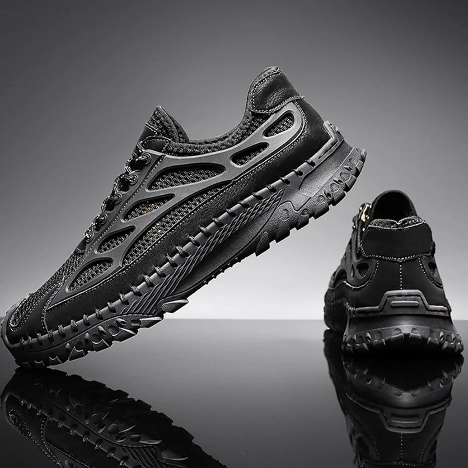 Men's Handmade Breathable Non-Slip Hiking Climbing Shoes Lace Up Ultra-Light Stretchy Mesh Comfor Athletic Slip On Loafers Summer Outdoor Lightweight Casual Sneakers