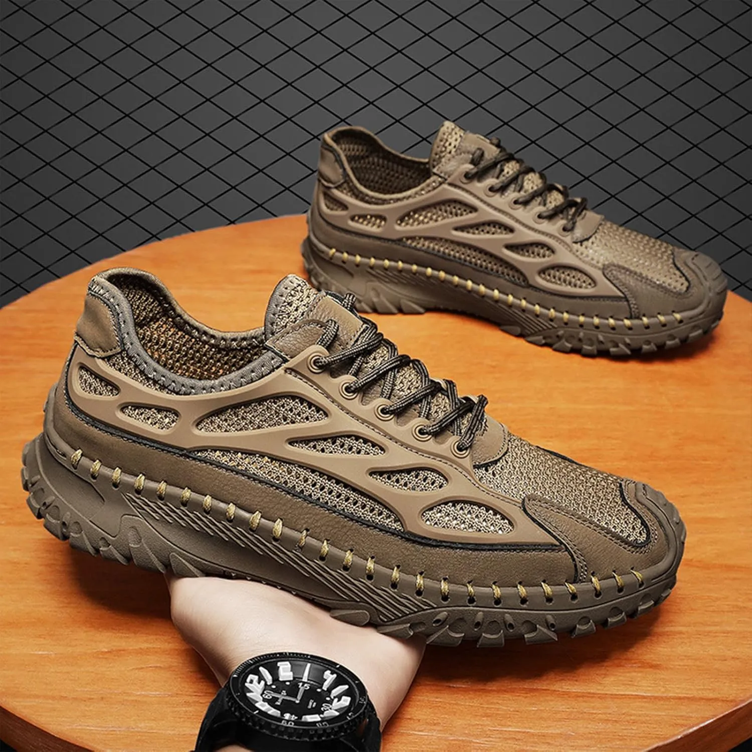 Men's Handmade Breathable Non-Slip Hiking Climbing Shoes Lace Up Ultra-Light Stretchy Mesh Comfor Athletic Slip On Loafers Summer Outdoor Lightweight Casual Sneakers