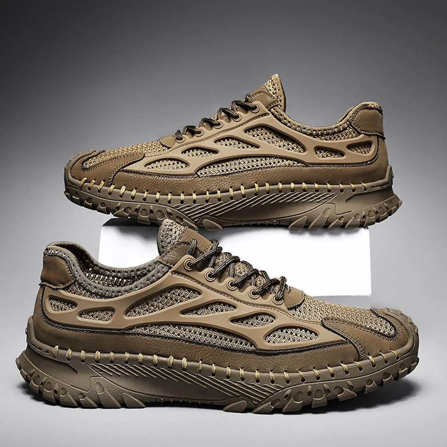 Men's Handmade Breathable Non-Slip Hiking Climbing Shoes Lace Up Ultra-Light Stretchy Mesh Comfor Athletic Slip On Loafers Summer Outdoor Lightweight Casual Sneakers