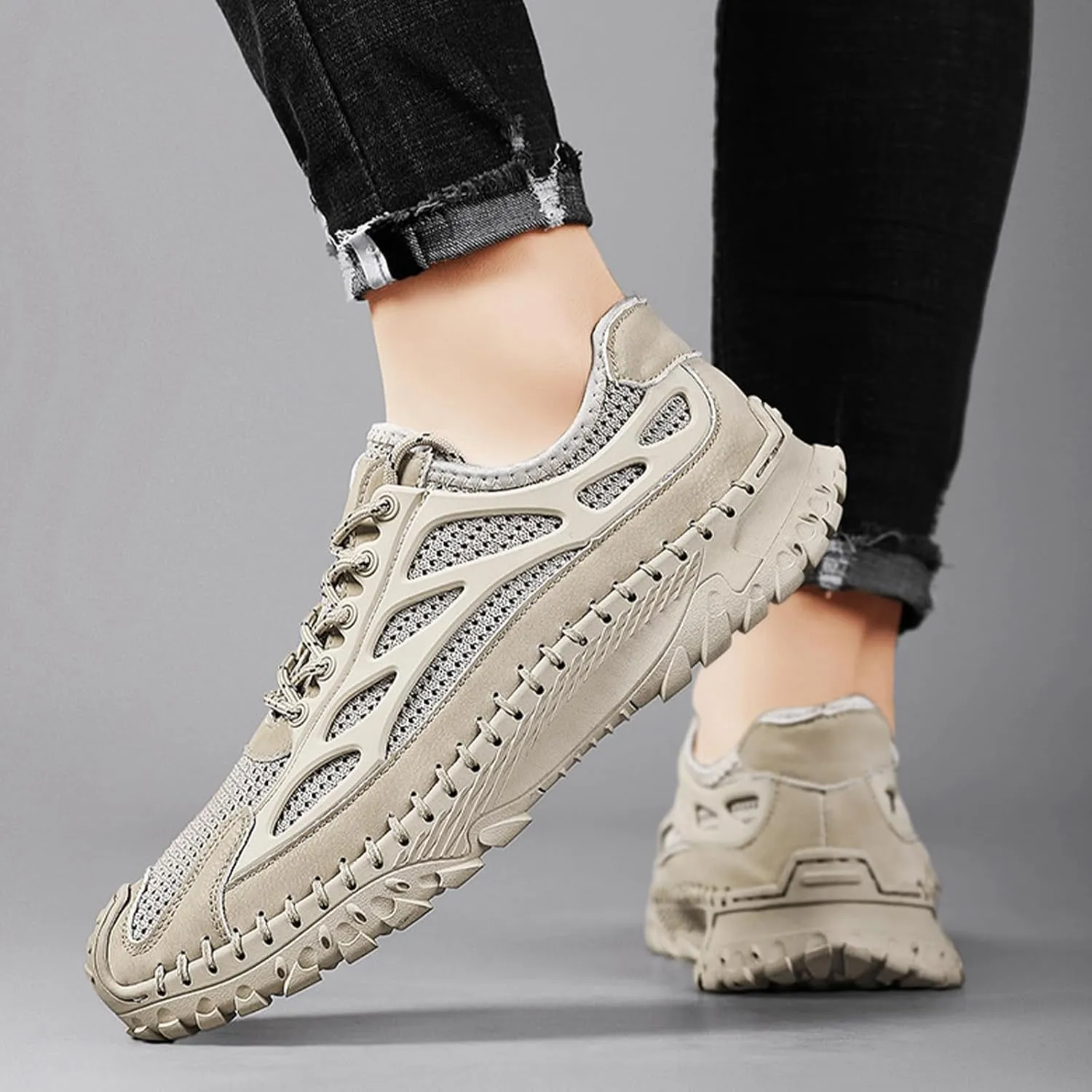 Men's Handmade Breathable Non-Slip Hiking Climbing Shoes Lace Up Ultra-Light Stretchy Mesh Comfor Athletic Slip On Loafers Summer Outdoor Lightweight Casual Sneakers