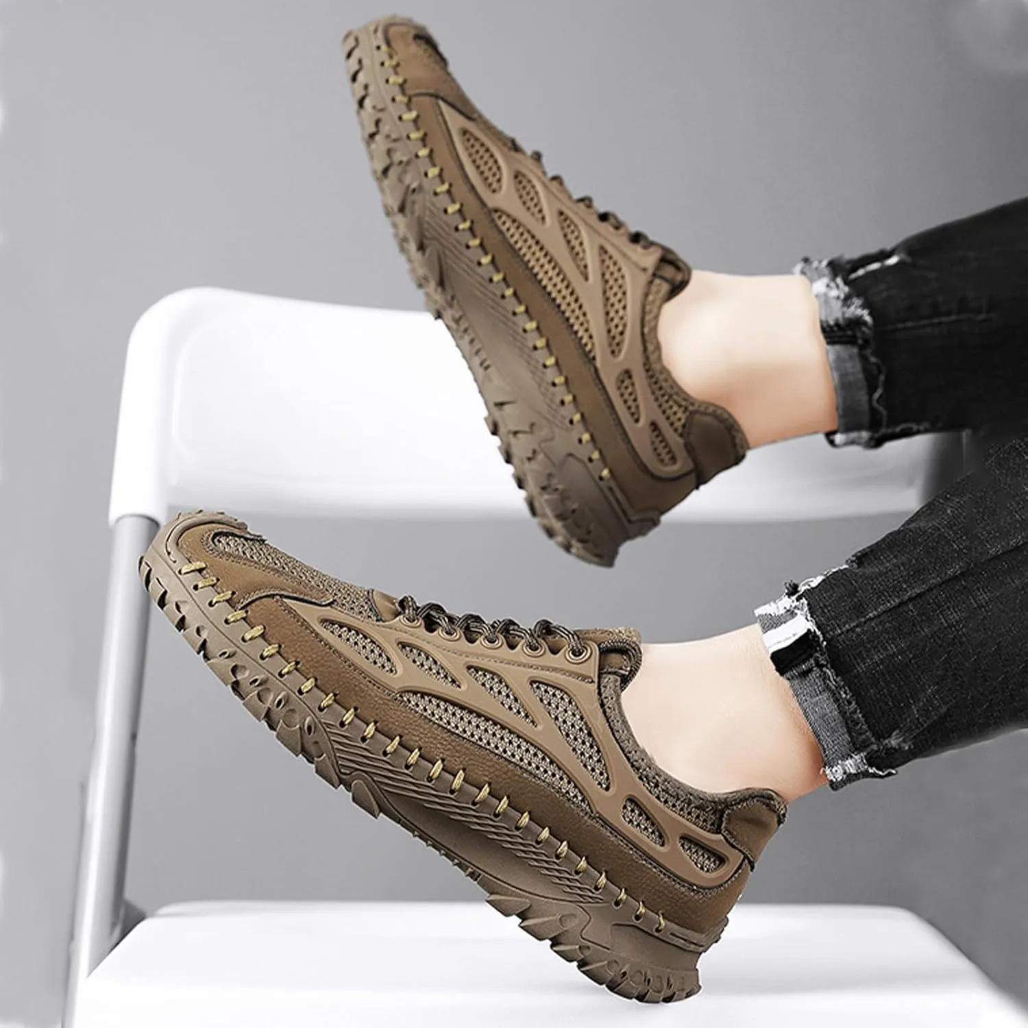 Men's Handmade Breathable Non-Slip Hiking Climbing Shoes Lace Up Ultra-Light Stretchy Mesh Comfor Athletic Slip On Loafers Summer Outdoor Lightweight Casual Sneakers