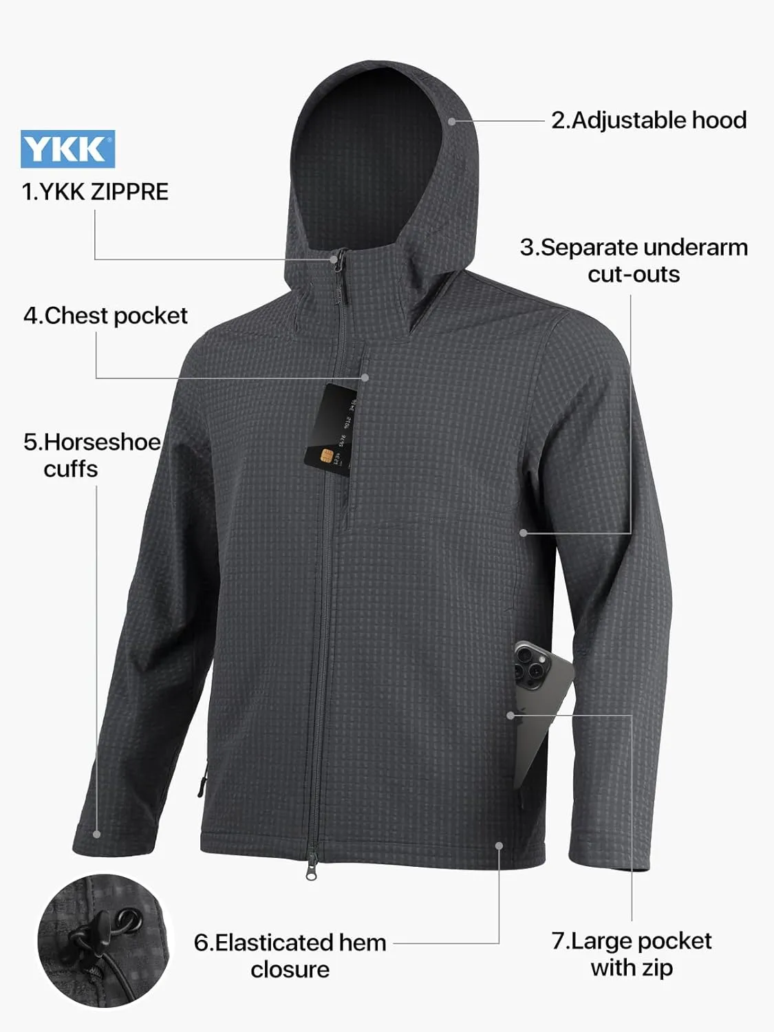 Men's Lightweight Windbreaker Hiking Softshell Jacket Water-resistant Full Zip Hoodies Golf Jackets