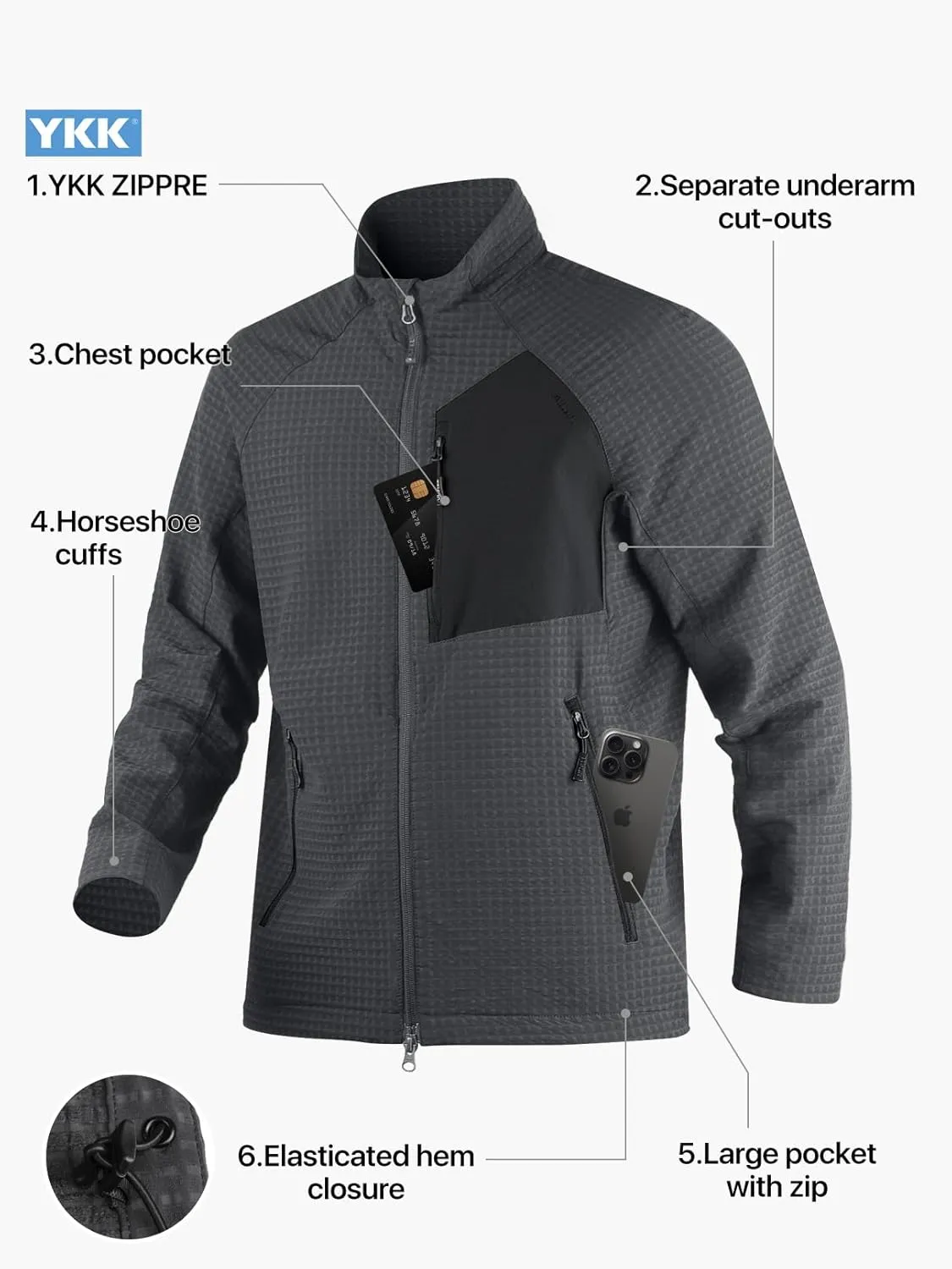 Men's Lightweight Windbreaker Hiking Softshell Jacket Water-resistant Full Zip Hoodies Golf Jackets