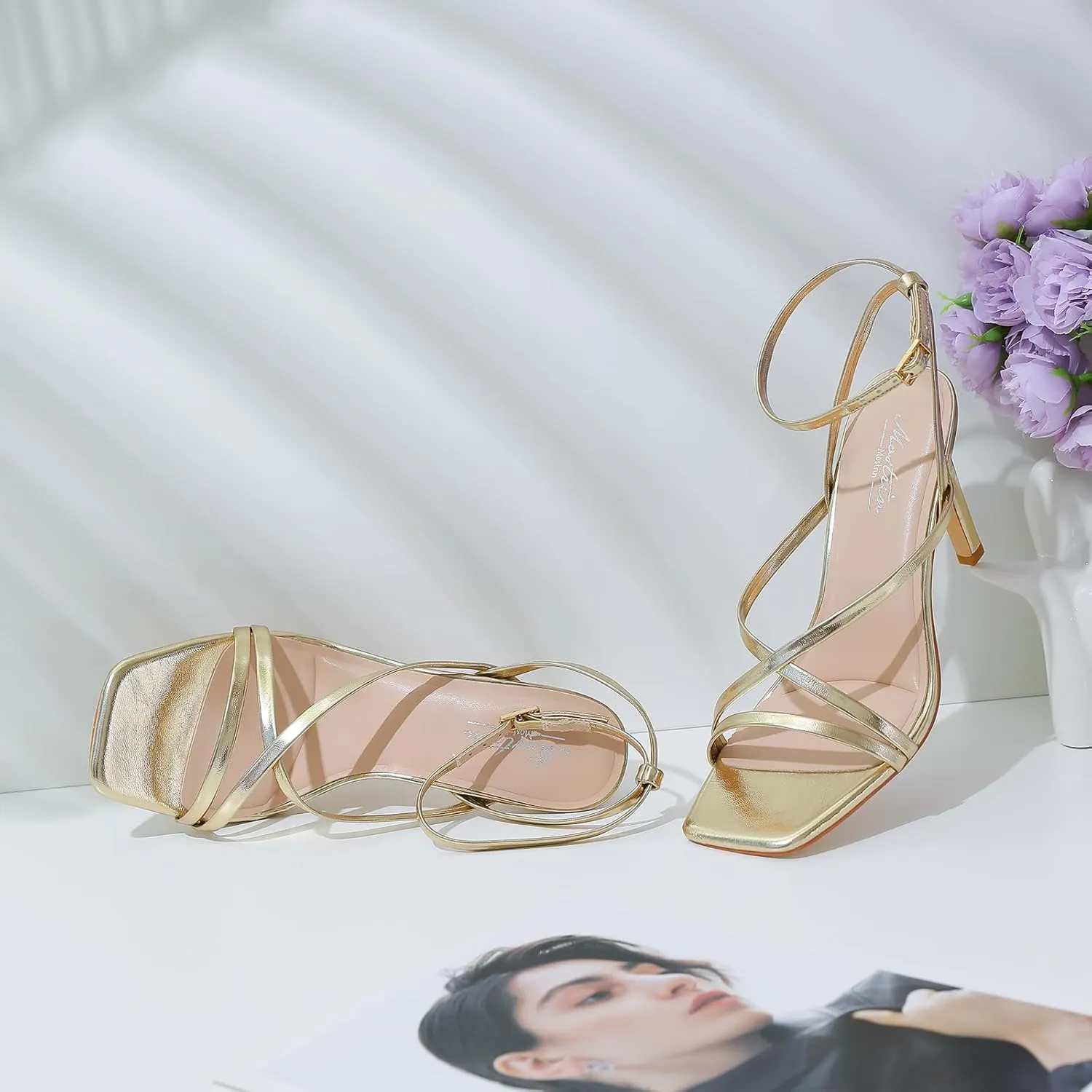 Mostrin Strappy Heels for Women Square Open Toe Lace Up Heeled Sandals Ankle Strap Sexy Stiletto High Heels for Party, Prom, Dating, Wedding