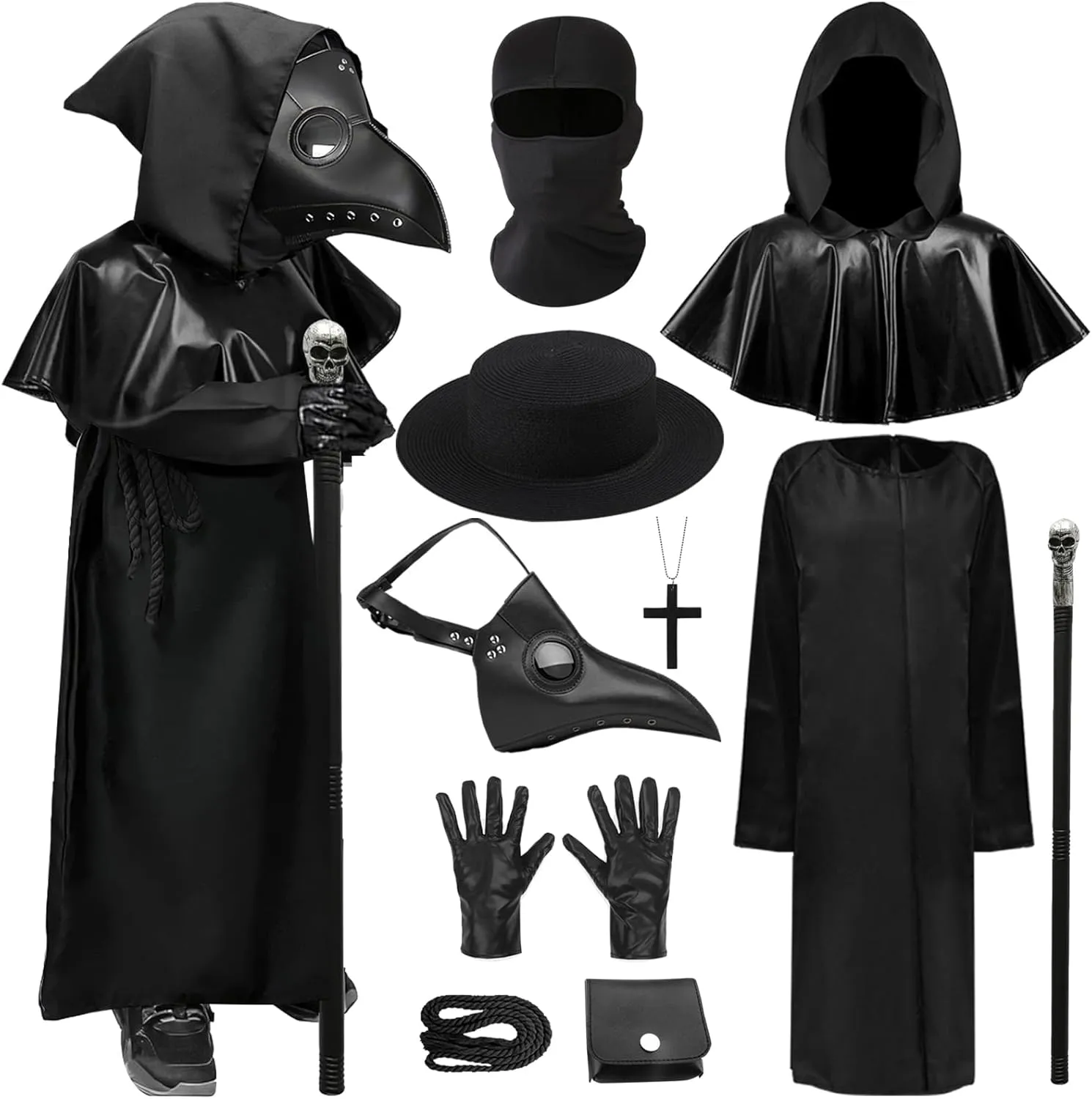 Mprocen Plague Doctor Costume for Boys Girls Funny Steampunk Halloween Cloak Robe Outfits Set Spooky Dr Beak Mask Accessories