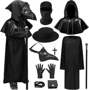 Mprocen Plague Doctor Costume for Boys Girls Funny Steampunk Halloween Cloak Robe Outfits Set Spooky Dr Beak Mask Accessories