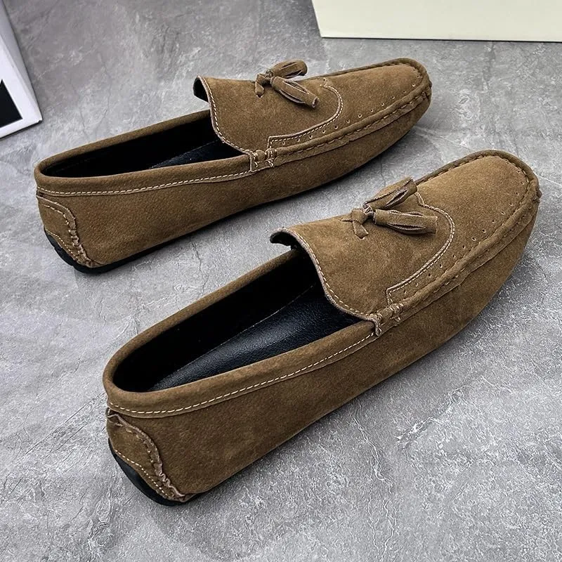 New Men's Loafers Shoes Square Toe Wingtips Suede Vegan Leather with Tassel Resistant Lightweight Flat Heel Classic Slip On