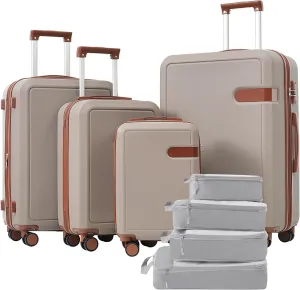 Organized Travel Solution: 4-Piece Luggage Set with Packing Cubes, Expandable Design, Spinner Wheels, Lightweight ABS Material, Khaki