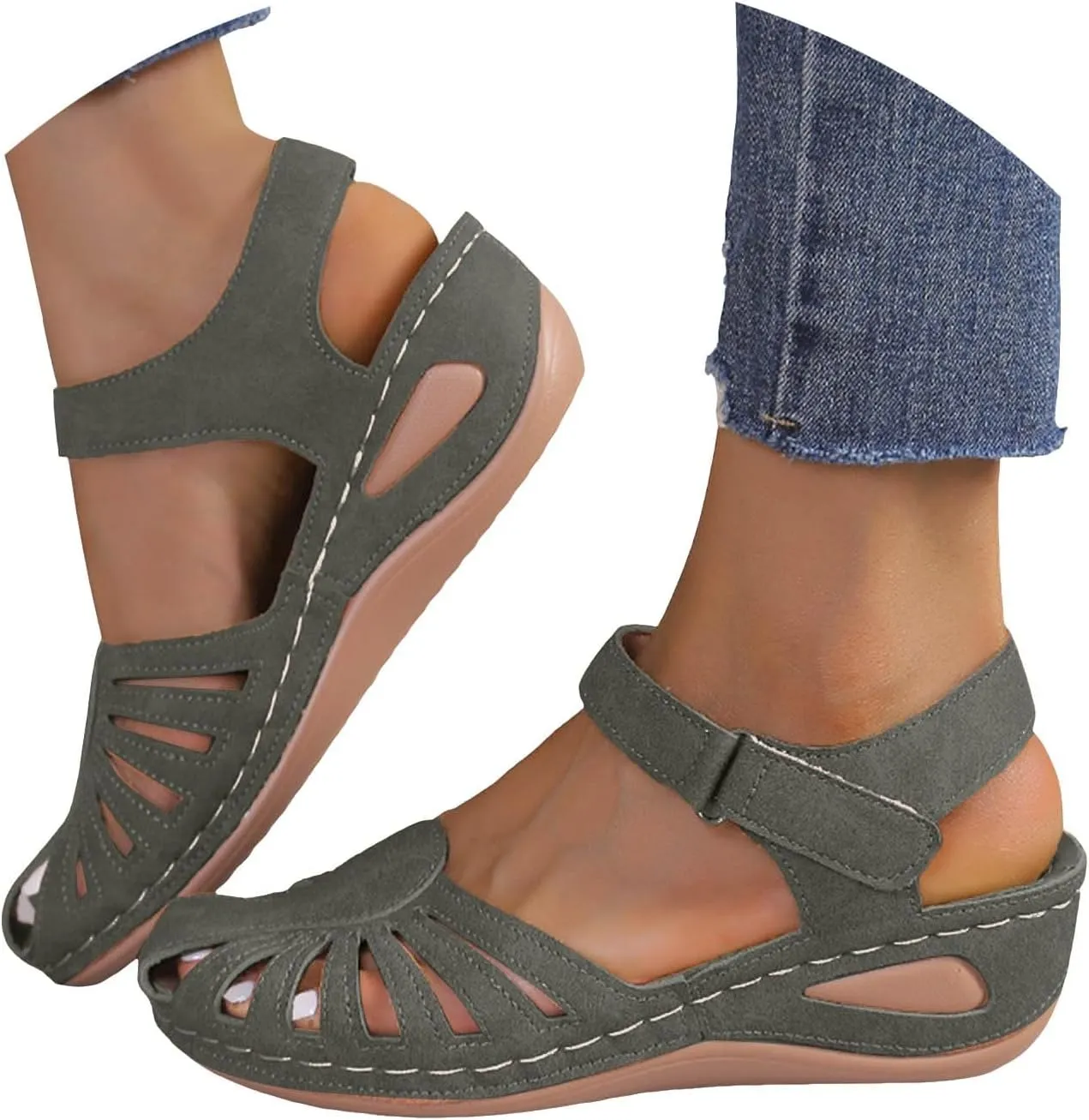 Orthopedic Sandals for Women with Arch Support Breathable Comfortable Wedge Heel Shoe Summer Beach Vacation Footwear Non-Slip Cut-Out Soft Sole Shoe Fashion Closed Toe Slippers with Ankle Strap
