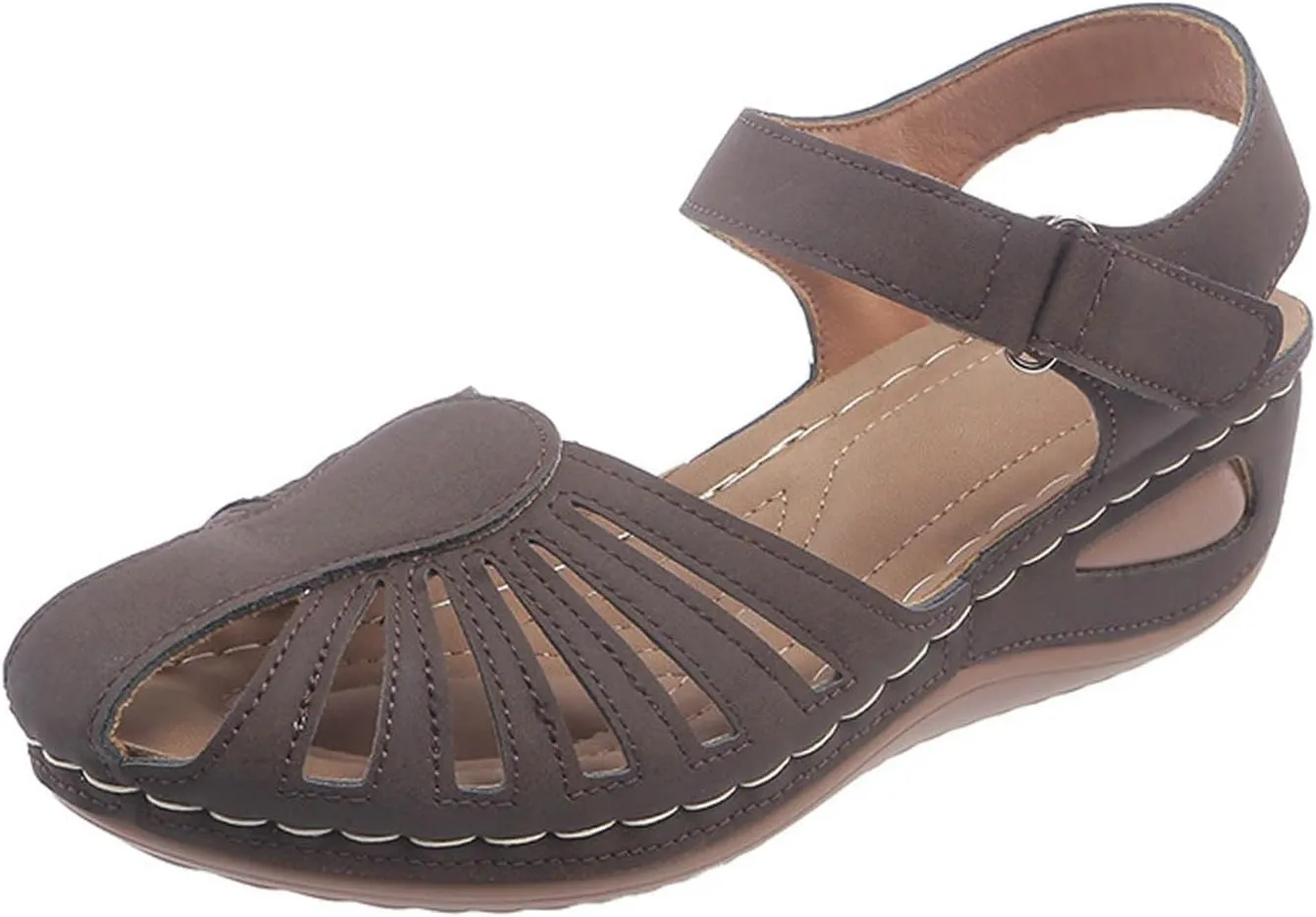 Orthopedic Sandals for Women with Arch Support Breathable Comfortable Wedge Heel Shoe Summer Beach Vacation Footwear Non-Slip Cut-Out Soft Sole Shoe Fashion Closed Toe Slippers with Ankle Strap