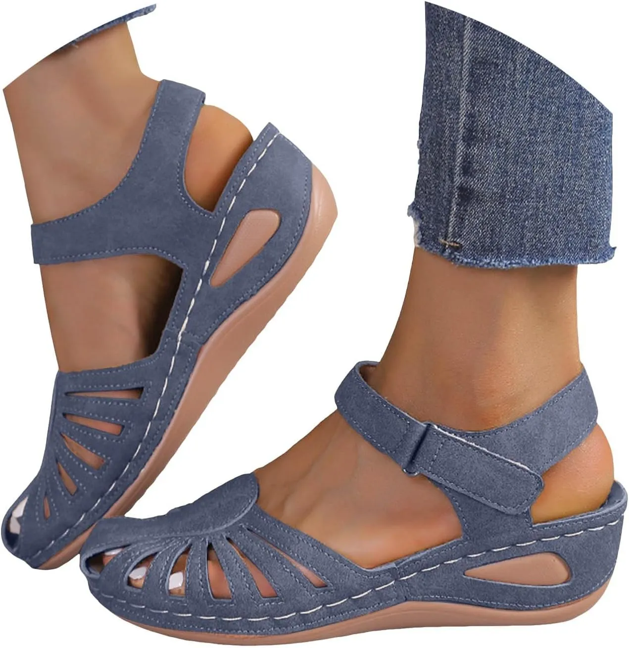 Orthopedic Sandals for Women with Arch Support Breathable Comfortable Wedge Heel Shoe Summer Beach Vacation Footwear Non-Slip Cut-Out Soft Sole Shoe Fashion Closed Toe Slippers with Ankle Strap