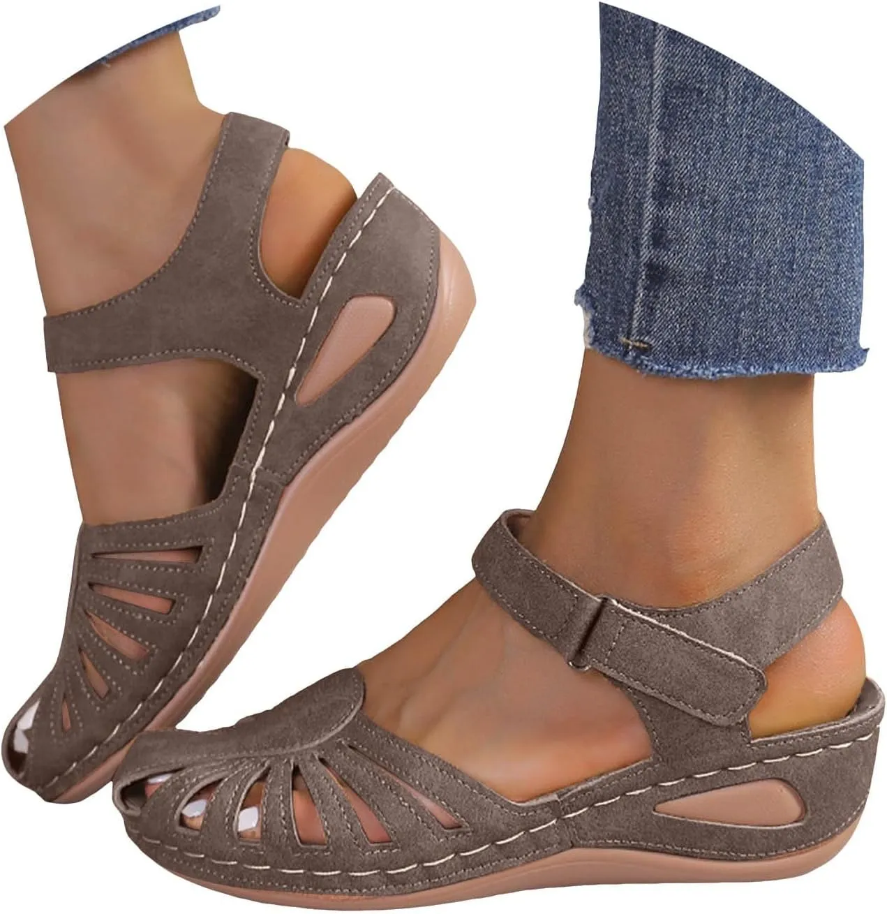 Orthopedic Sandals for Women with Arch Support Breathable Comfortable Wedge Heel Shoe Summer Beach Vacation Footwear Non-Slip Cut-Out Soft Sole Shoe Fashion Closed Toe Slippers with Ankle Strap