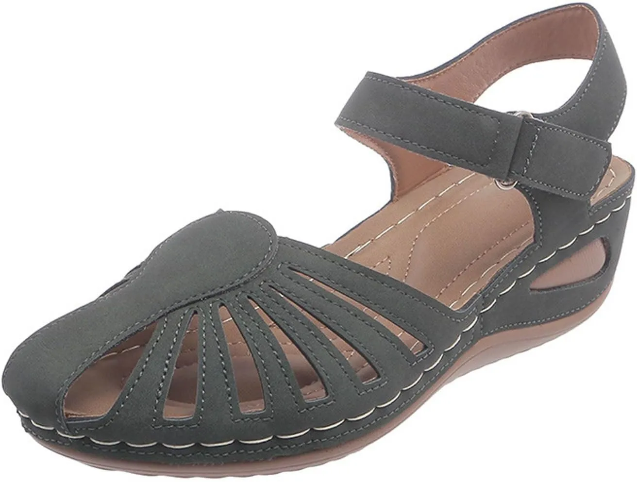 Orthopedic Sandals for Women with Arch Support Breathable Comfortable Wedge Heel Shoe Summer Beach Vacation Footwear Non-Slip Cut-Out Soft Sole Shoe Fashion Closed Toe Slippers with Ankle Strap