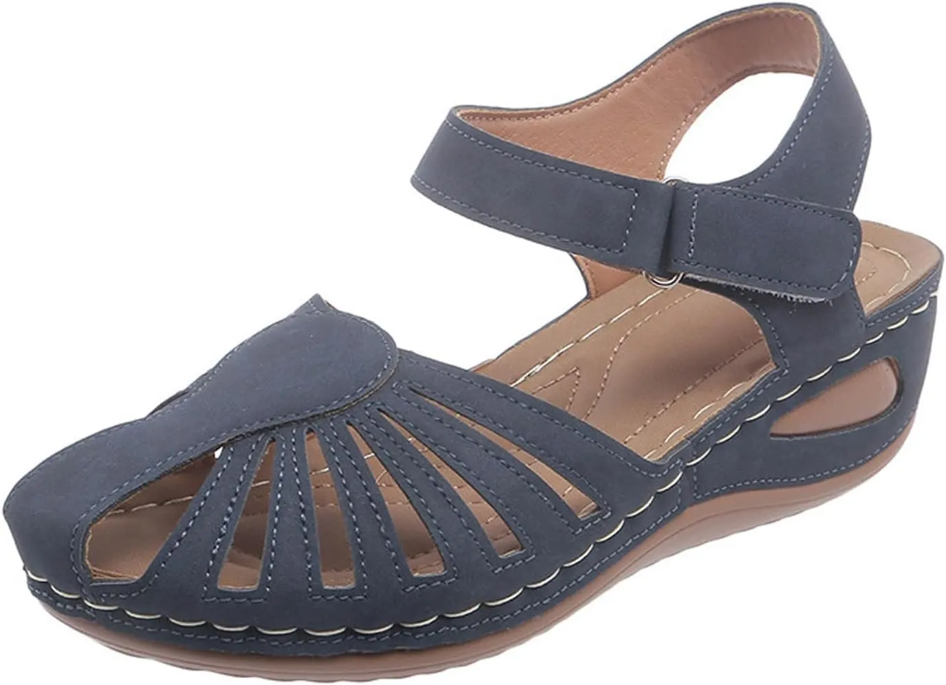 Orthopedic Sandals for Women with Arch Support Breathable Comfortable Wedge Heel Shoe Summer Beach Vacation Footwear Non-Slip Cut-Out Soft Sole Shoe Fashion Closed Toe Slippers with Ankle Strap