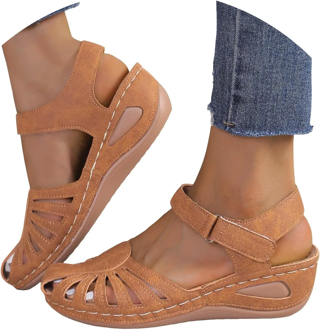 Orthopedic Sandals for Women with Arch Support Breathable Comfortable Wedge Heel Shoe Summer Beach Vacation Footwear Non-Slip Cut-Out Soft Sole Shoe Fashion Closed Toe Slippers with Ankle Strap