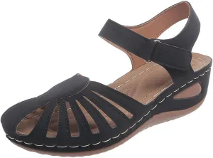 Orthopedic Sandals for Women with Arch Support Breathable Comfortable Wedge Heel Shoe Summer Beach Vacation Footwear Non-Slip Cut-Out Soft Sole Shoe Fashion Closed Toe Slippers with Ankle Strap