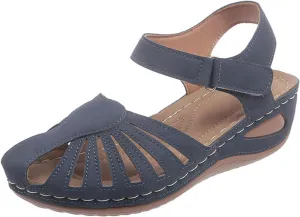 Orthopedic Sandals for Women with Arch Support Breathable Comfortable Wedge Heel Shoe Summer Beach Vacation Footwear Non-Slip Cut-Out Soft Sole Shoe Fashion Closed Toe Slippers with Ankle Strap