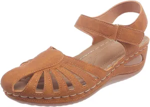 Orthopedic Sandals for Women with Arch Support Breathable Comfortable Wedge Heel Shoe Summer Beach Vacation Footwear Non-Slip Cut-Out Soft Sole Shoe Fashion Closed Toe Slippers with Ankle Strap