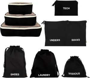 Packing Cubes for Travel | Luggage Organizers for Suitcase with Monogramming | Travel Storage Cubes for Organizing | Luggage Organizer Bags | Traveling Essentials | Pack of 8 | Black
