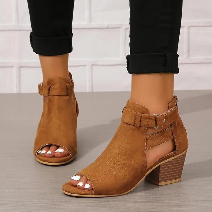 Peep Toe Ankle Booties Sandals for Women 2025 Trendy, Side Strap Mid Chunky Heels Cutout Back Zipper Shoes Adjustable Straps Suede Side Ankle Strap Dress Open Toe Sandals