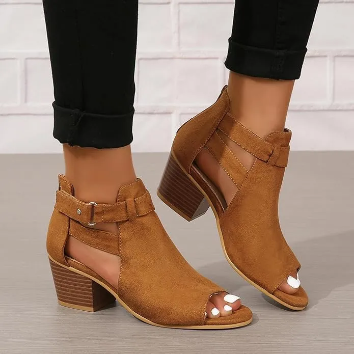 Peep Toe Ankle Booties Sandals for Women 2025 Trendy, Side Strap Mid Chunky Heels Cutout Back Zipper Shoes Adjustable Straps Suede Side Ankle Strap Dress Open Toe Sandals