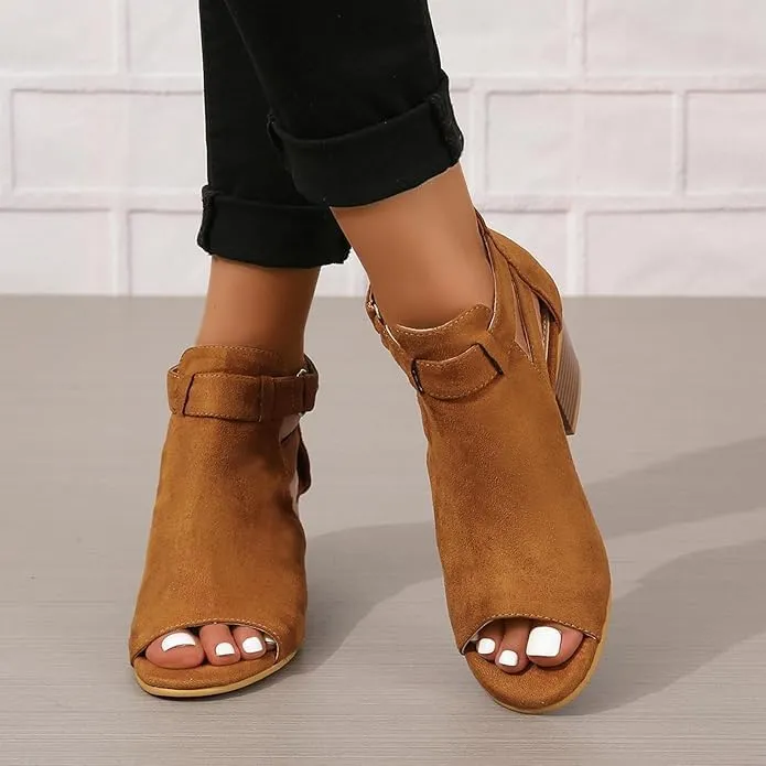 Peep Toe Ankle Booties Sandals for Women 2025 Trendy, Side Strap Mid Chunky Heels Cutout Back Zipper Shoes Adjustable Straps Suede Side Ankle Strap Dress Open Toe Sandals