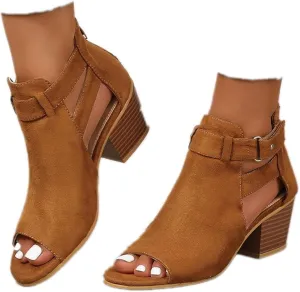 Peep Toe Ankle Booties Sandals for Women 2025 Trendy, Side Strap Mid Chunky Heels Cutout Back Zipper Shoes Adjustable Straps Suede Side Ankle Strap Dress Open Toe Sandals