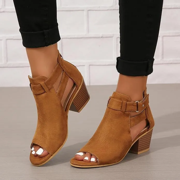 Peep Toe Ankle Booties Sandals for Women 2025 Trendy, Side Strap Mid Chunky Heels Cutout Back Zipper Shoes Adjustable Straps Suede Side Ankle Strap Dress Open Toe Sandals