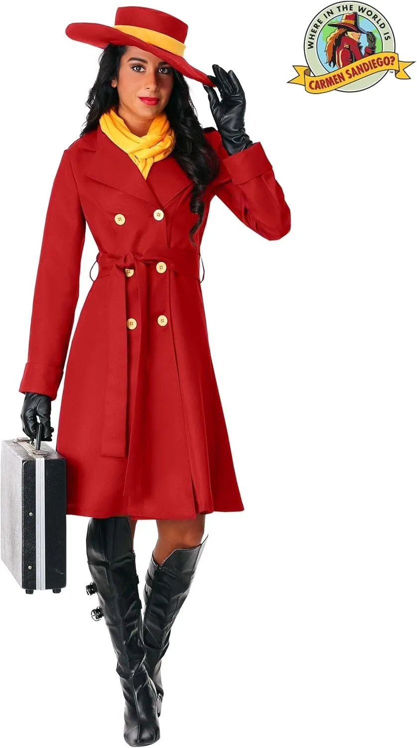 Plus Size Carmen Sandiego Costume for Women, Red Trench Coat & Hat for Villain Dress-Up Party or Halloween