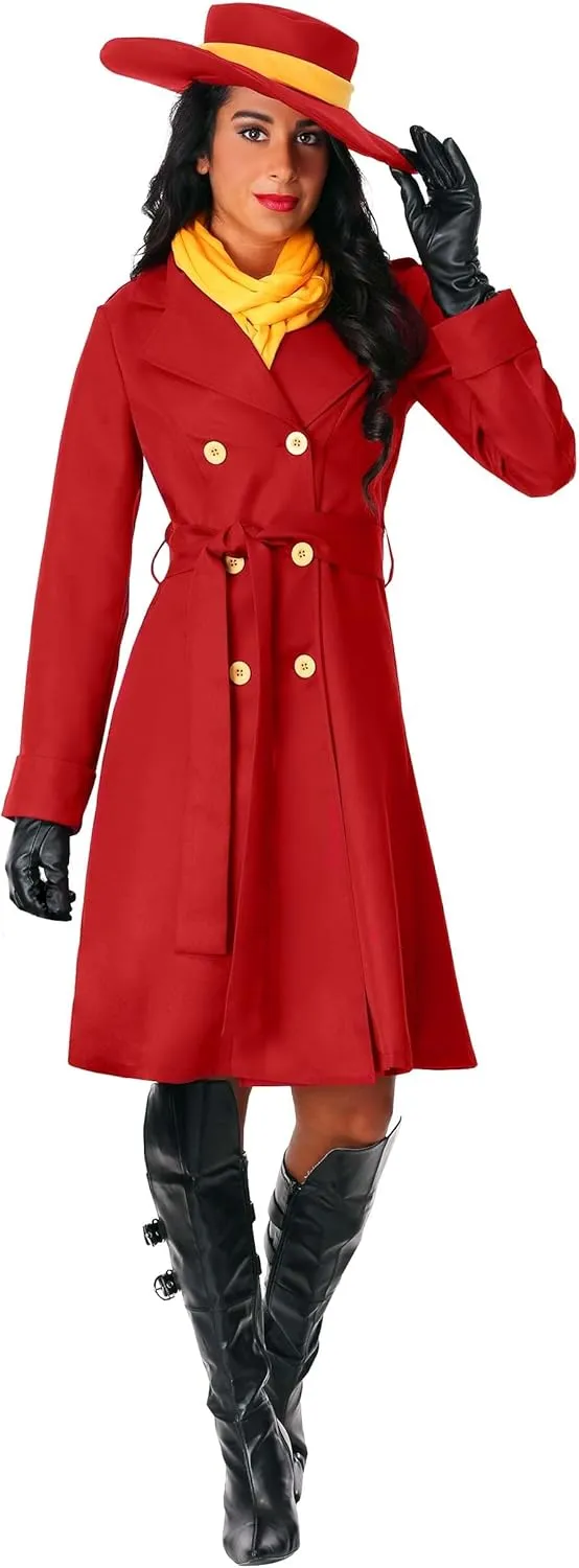 Plus Size Carmen Sandiego Costume for Women, Red Trench Coat & Hat for Villain Dress-Up Party or Halloween