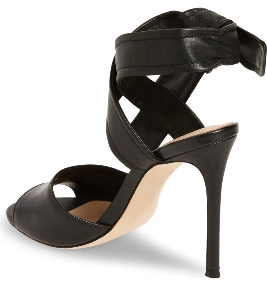 Pour La Victoire Elsa Ankle Strap Open Toe Stiletto Heel Black Leather Sandals