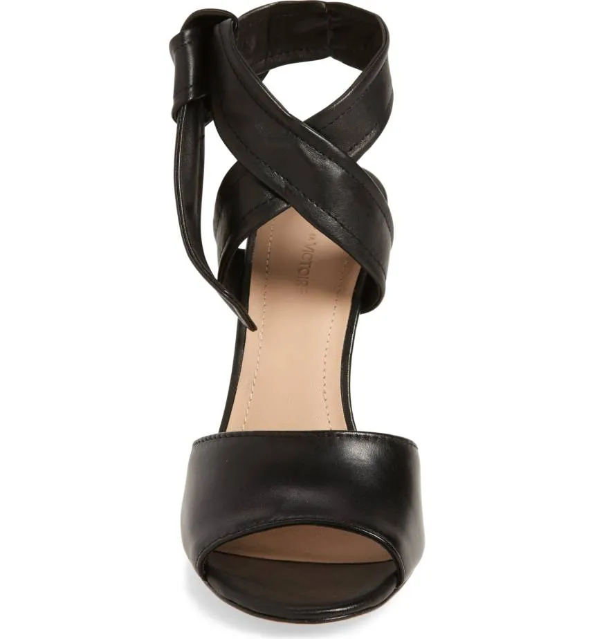 Pour La Victoire Elsa Ankle Strap Open Toe Stiletto Heel Black Leather Sandals