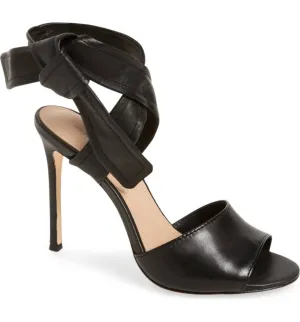 Pour La Victoire Elsa Ankle Strap Open Toe Stiletto Heel Black Leather Sandals