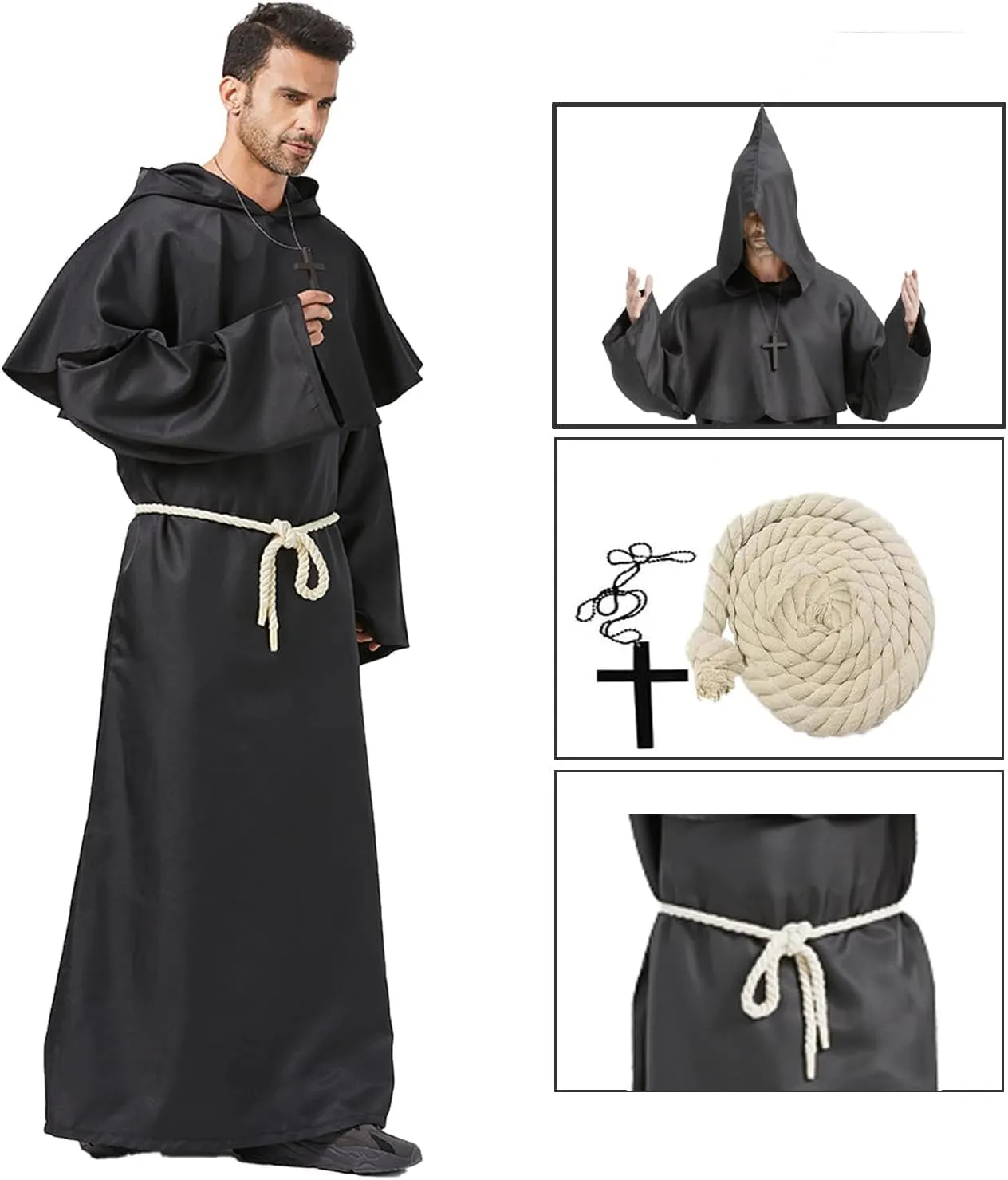 Priest Costume Adult Men,Halloween Costumes for Men,Disfraces Halloween Hombres,Monk Costume Hooded Friar Cloak Robe