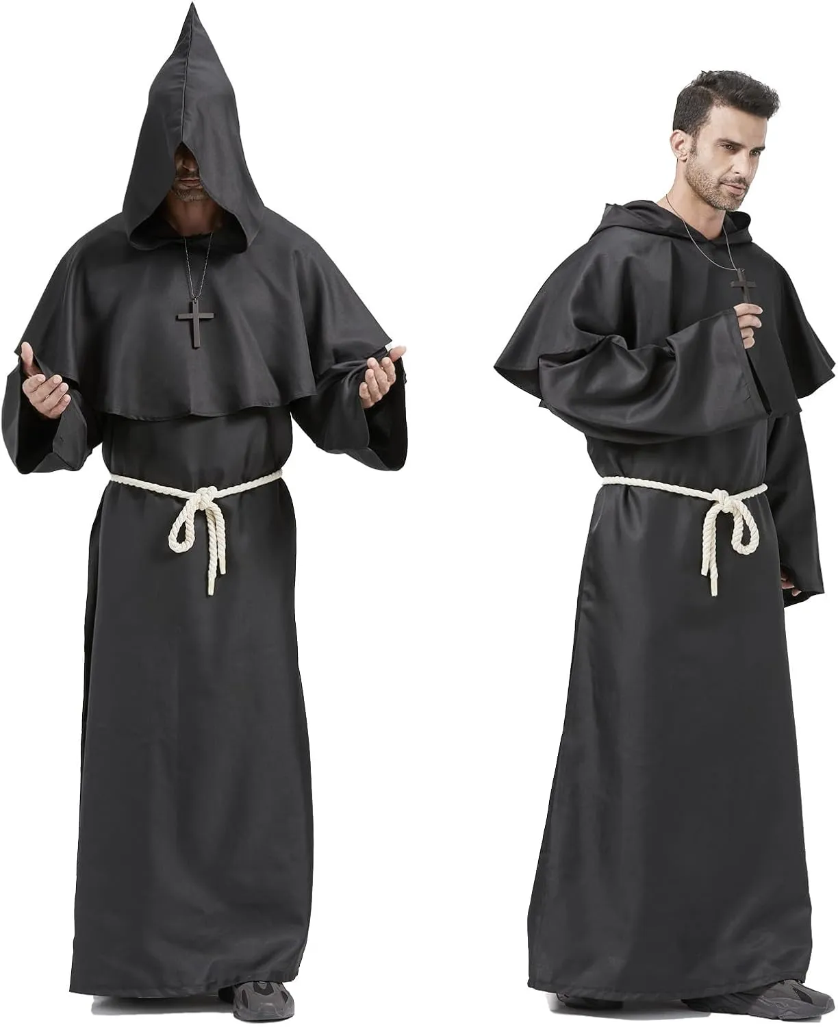 Priest Costume Adult Men,Halloween Costumes for Men,Disfraces Halloween Hombres,Monk Costume Hooded Friar Cloak Robe