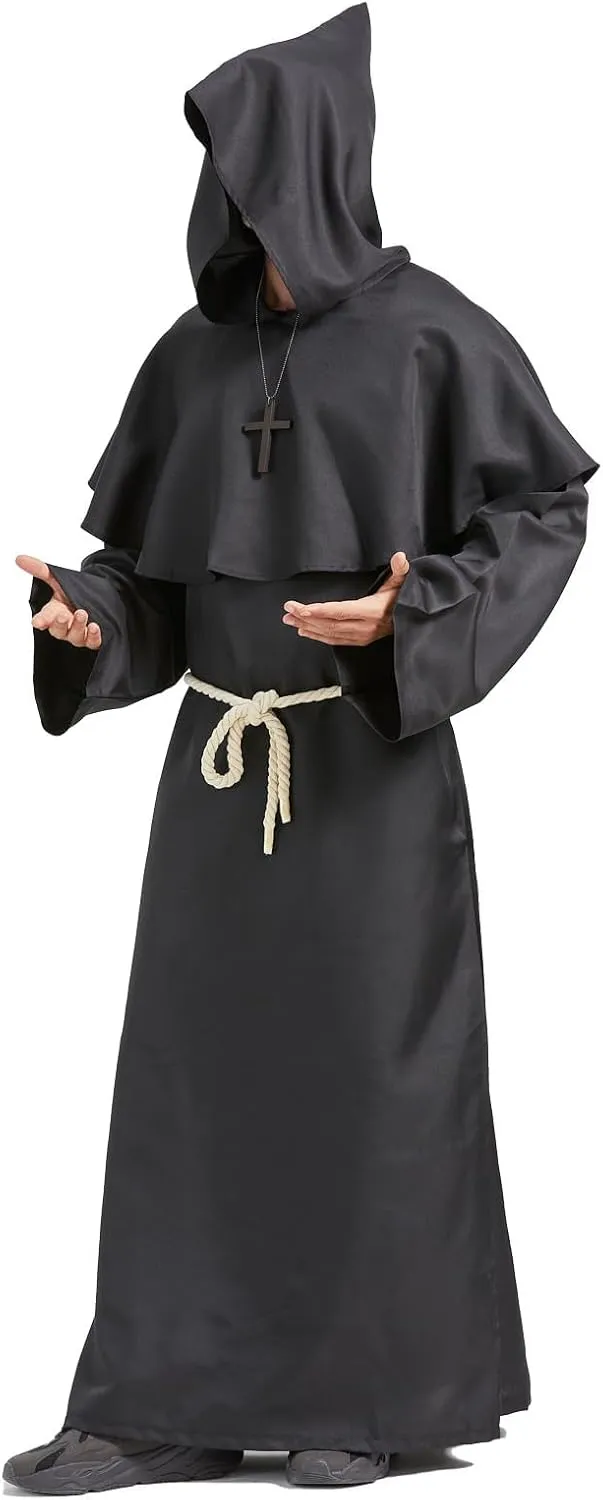 Priest Costume Adult Men,Halloween Costumes for Men,Disfraces Halloween Hombres,Monk Costume Hooded Friar Cloak Robe