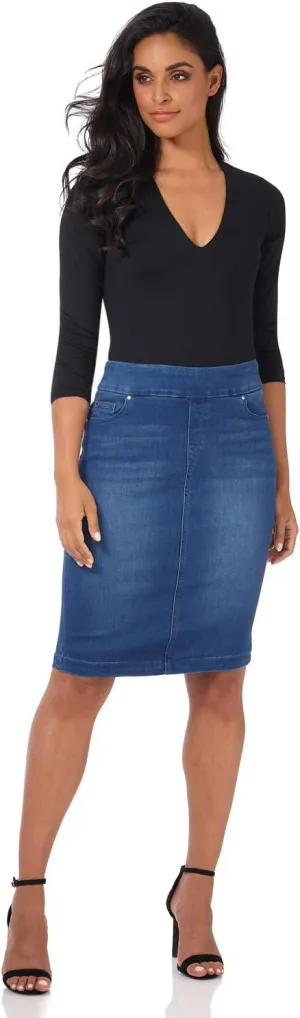 REKUCCI Womens Ease into Comfort Pull-On Stretch Denim Skirt  Soft Jean Fabric, Flattering Slim Fit, All-Day Comfort