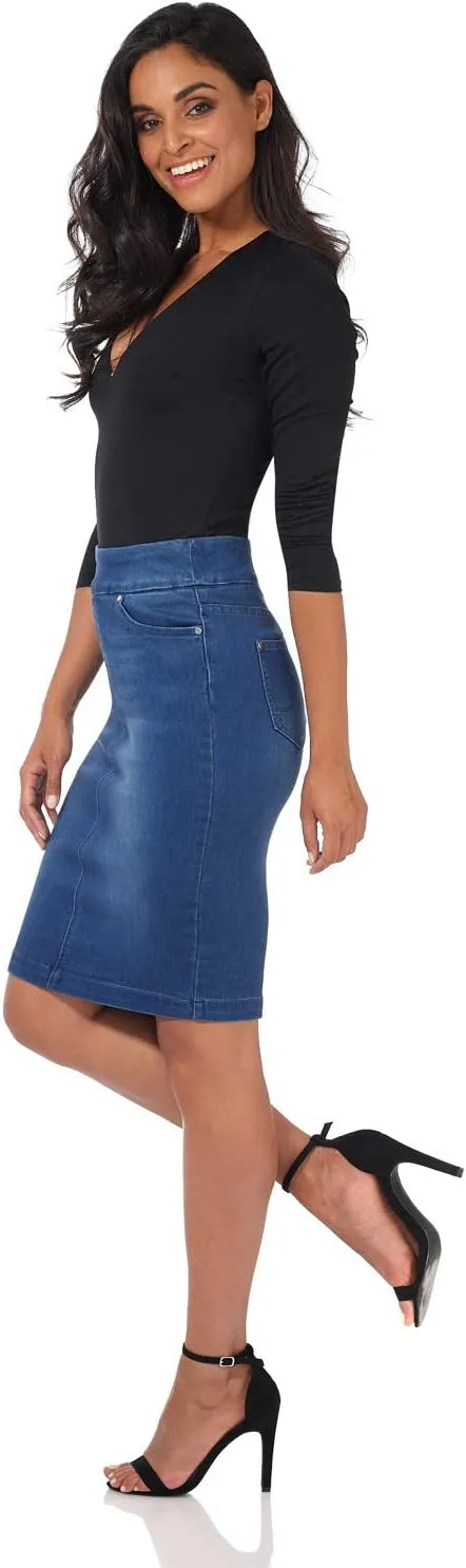 REKUCCI Womens Ease into Comfort Pull-On Stretch Denim Skirt  Soft Jean Fabric, Flattering Slim Fit, All-Day Comfort