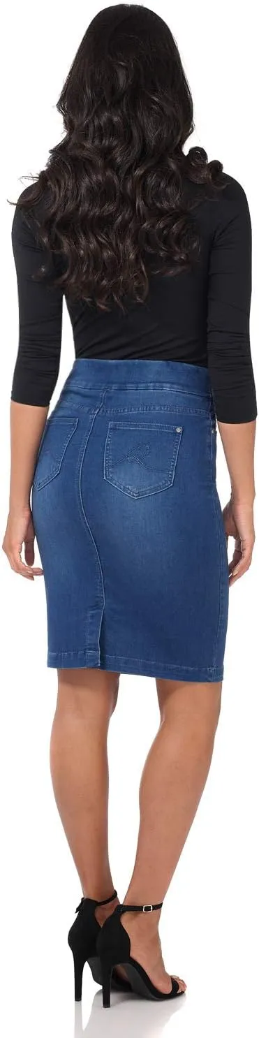 REKUCCI Womens Ease into Comfort Pull-On Stretch Denim Skirt  Soft Jean Fabric, Flattering Slim Fit, All-Day Comfort