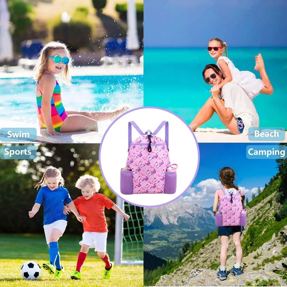 RHCPFOVR Butterfly Drawstring Backpack for Girls - Swim Bag for Kids Women Drawstring Bags for Beach Swimming Pool Lightweight Draw String Bags Waterproof Sports Gym Bag With Two Water Bottle Holder