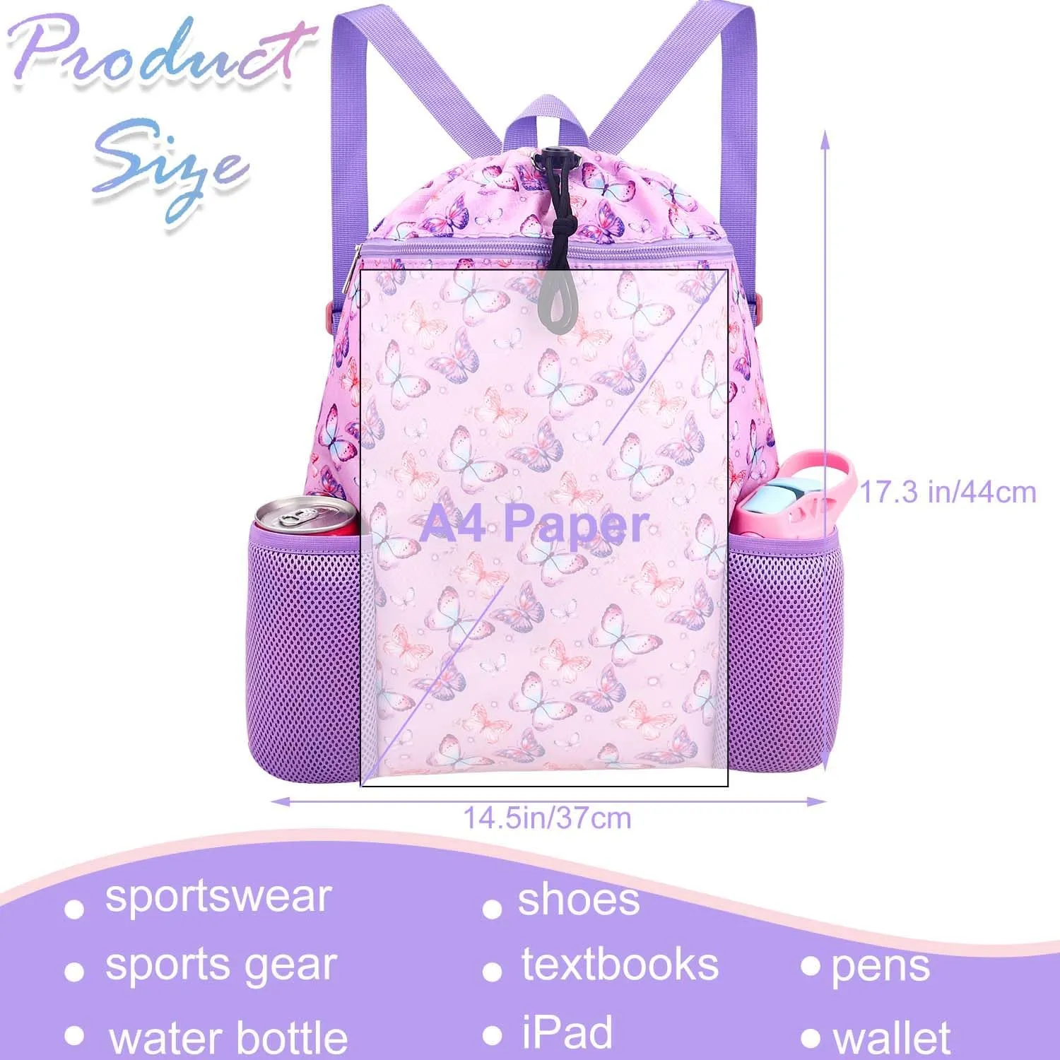 RHCPFOVR Butterfly Drawstring Backpack for Girls - Swim Bag for Kids Women Drawstring Bags for Beach Swimming Pool Lightweight Draw String Bags Waterproof Sports Gym Bag With Two Water Bottle Holder