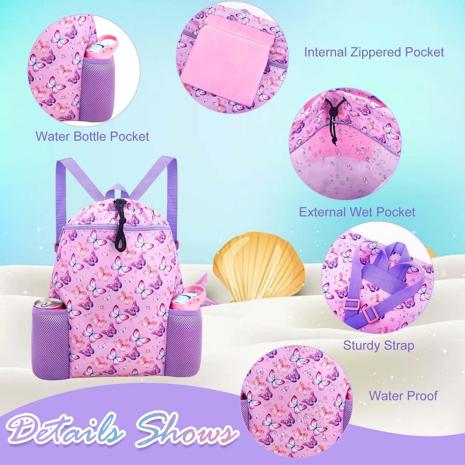 RHCPFOVR Butterfly Drawstring Backpack for Girls - Swim Bag for Kids Women Drawstring Bags for Beach Swimming Pool Lightweight Draw String Bags Waterproof Sports Gym Bag With Two Water Bottle Holder