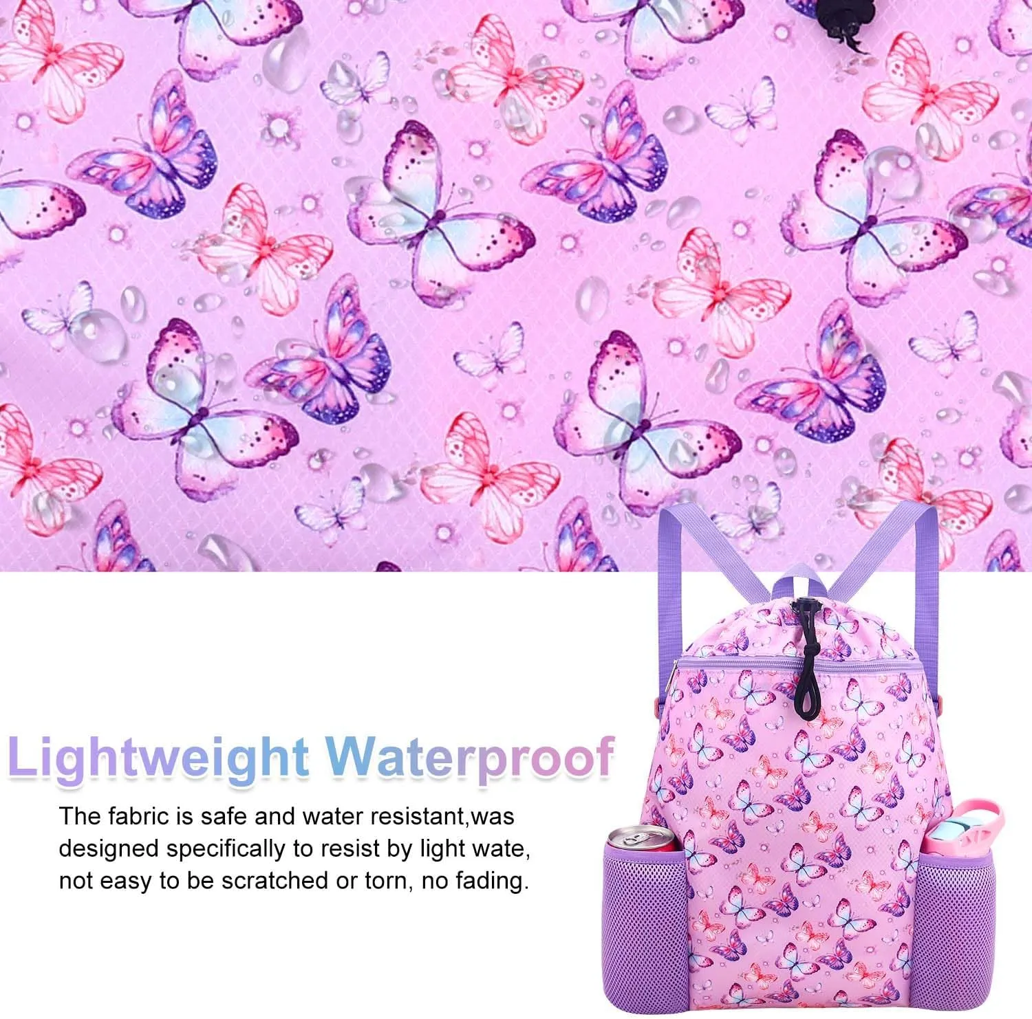 RHCPFOVR Butterfly Drawstring Backpack for Girls - Swim Bag for Kids Women Drawstring Bags for Beach Swimming Pool Lightweight Draw String Bags Waterproof Sports Gym Bag With Two Water Bottle Holder
