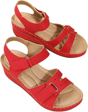 Sandals for Women, Orthopedic Shoes for Women Plantar Fasciitis, Comfort Wedge Sandals, Open Toe Ankle Strap Sandals, Summer Wide Fit Leather Sandals with Arch Support