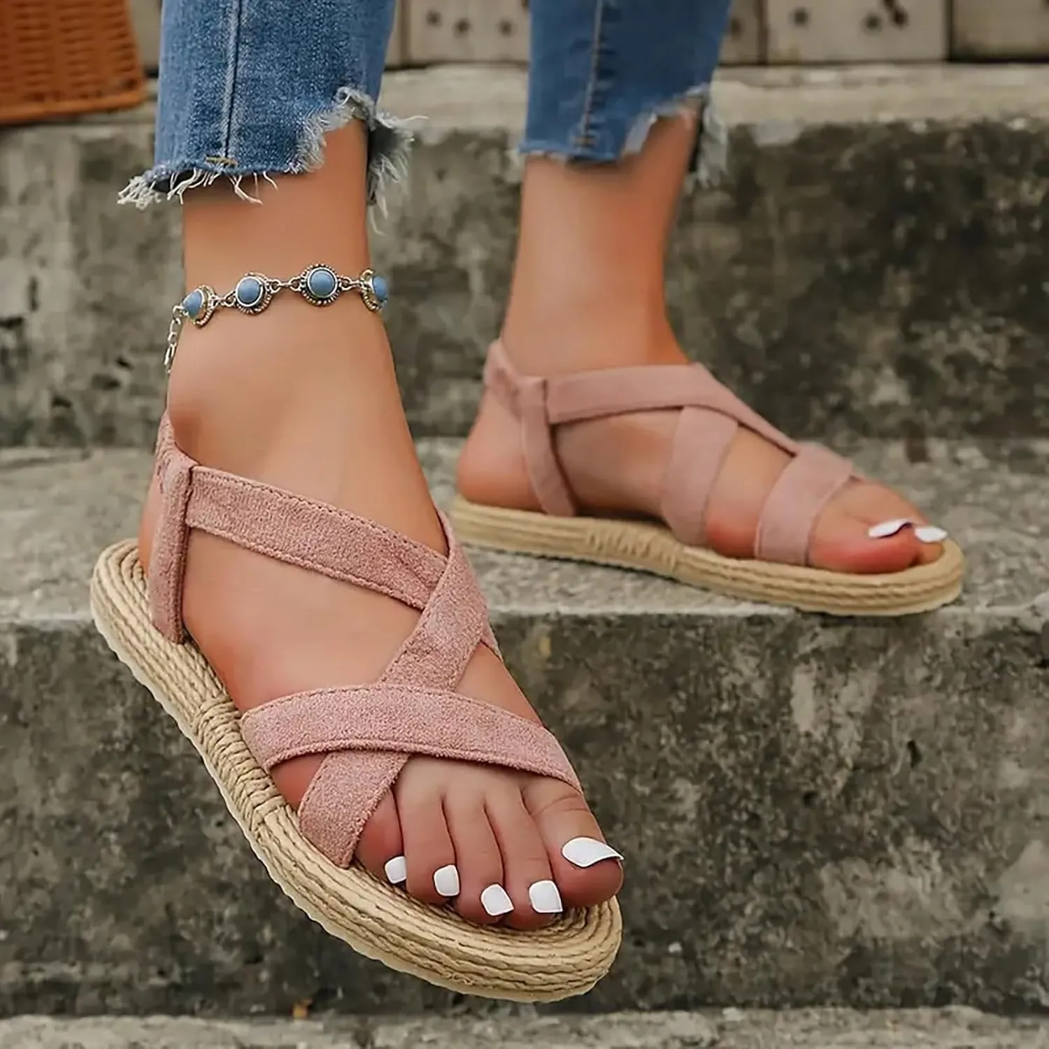 Sandals Women Thick Sole Orthopedic Womens Sandals Cross Bands Comfortable Summer Dressy Flats Platform Sandals
