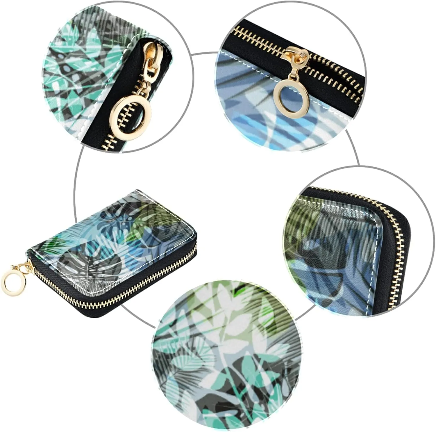 Seamless Exotic Tropical Plants Palm Tree Leaves in Retro StyleGrey Credit Card Coin wallet, RFID Blocking Compact Women Leather Card Holder, Key Change Organizer, Zipper Purse Clutch Pouch